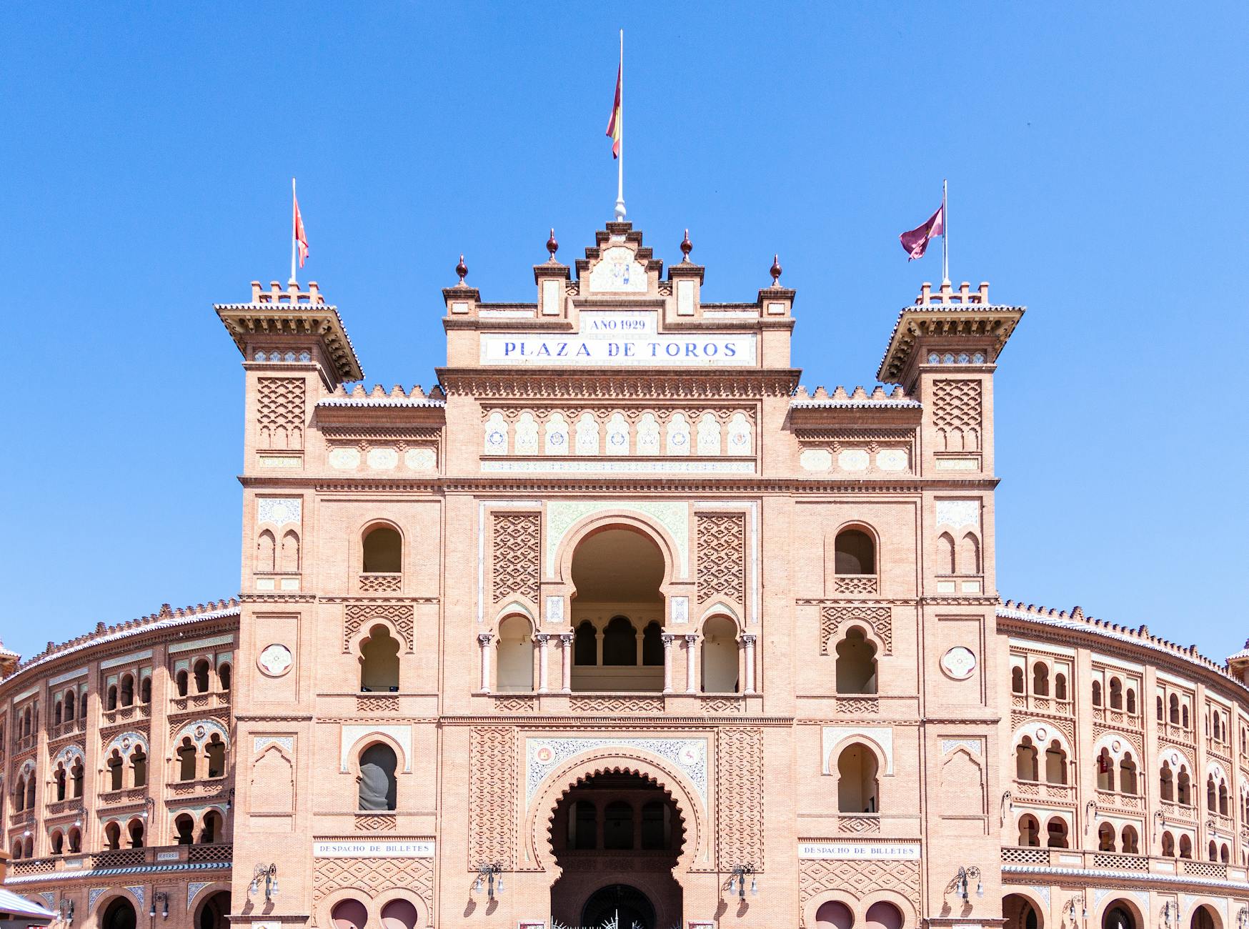 Front view of the iconic Plaza de Toros de Las Ventas, a landmark in Madrid, Spain.