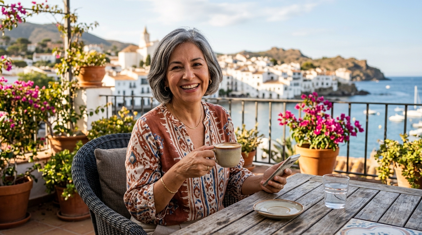 mujer 52 años sonriendo con celular en mano, sentada en terraza soleada con café
