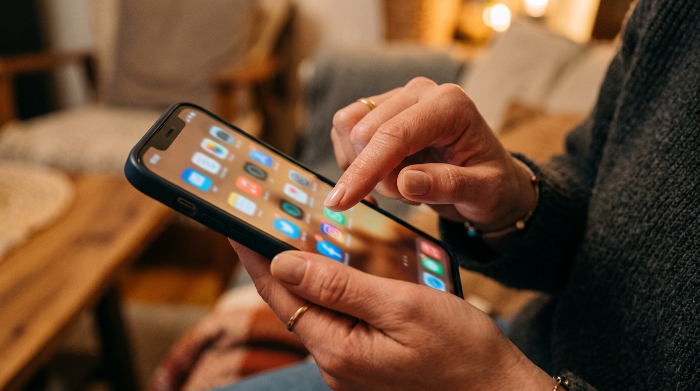 pantalla de celular con varias apps de citas abiertas, mujer eligiendo cuál abrir