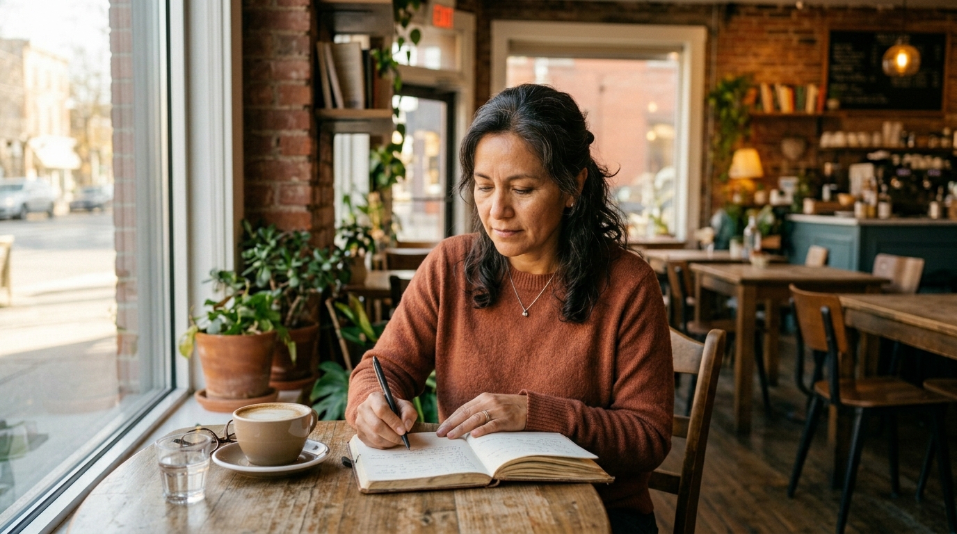 mujer 45+ sola en un café con cuaderno abierto, luz de la tarde, expresión concentrada pero tranquila
