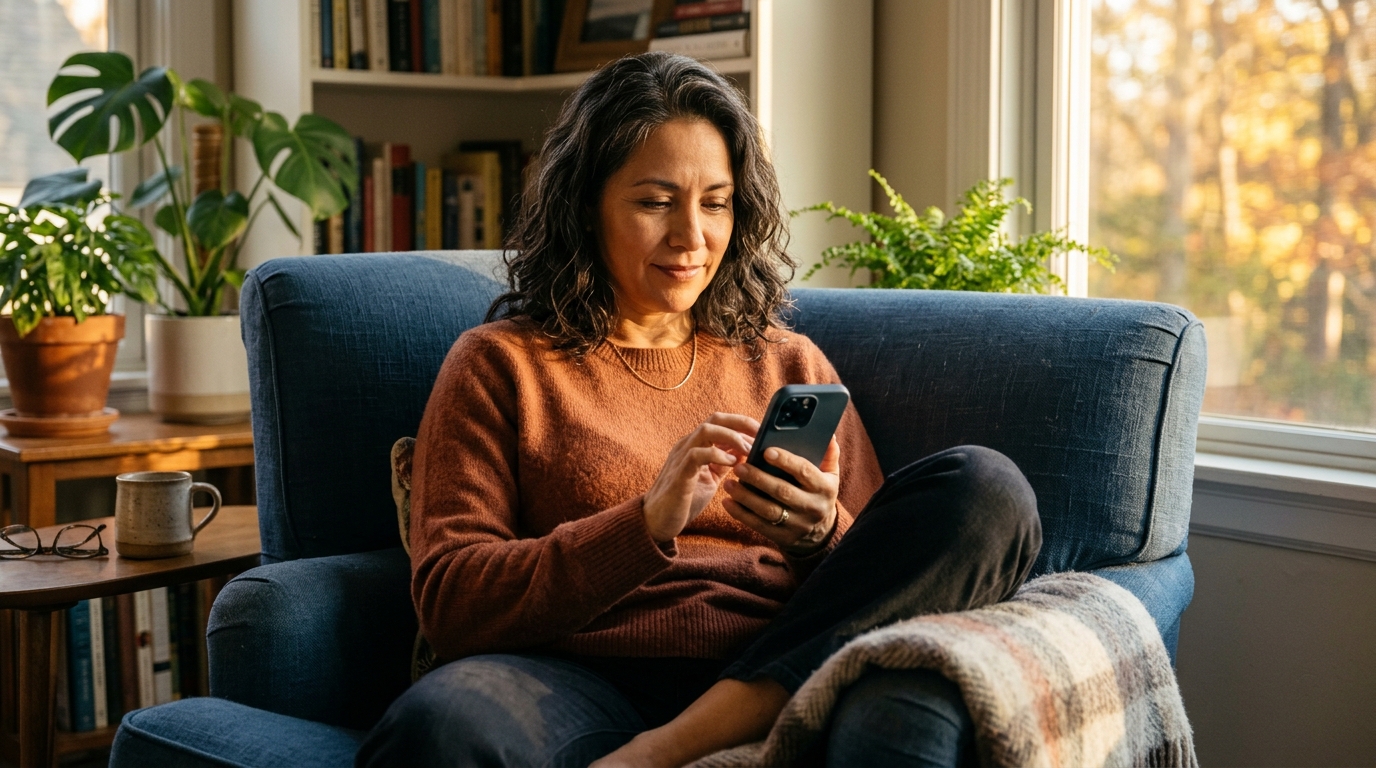 mujer madura escribiendo en su celular en un sillón con luz cálida de tarde