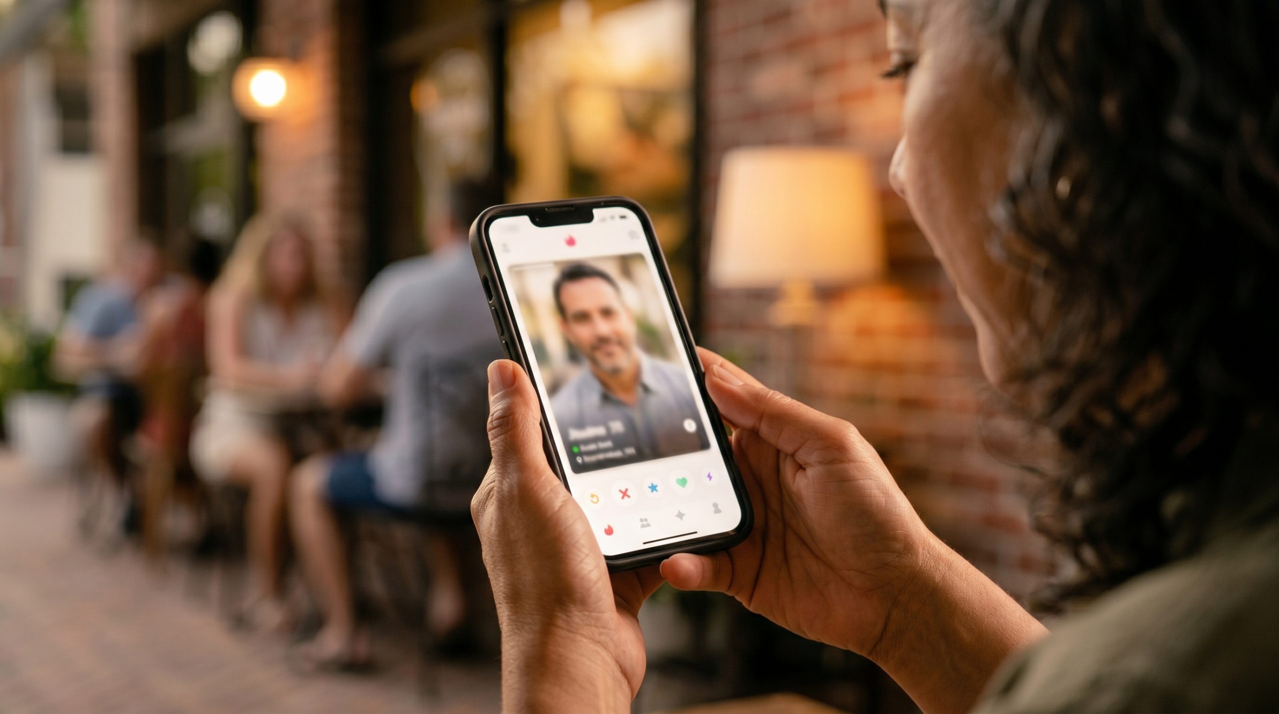 mujer 45+ usando su celular con sonrisa tranquila en una mesa de café al aire libre