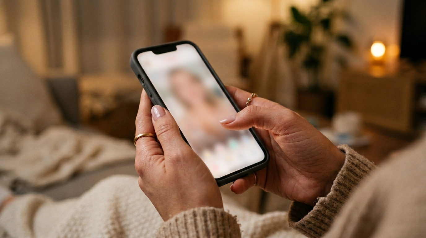 pantalla de app Bumble mostrando perfil femenino bien configurado con prompts visibles