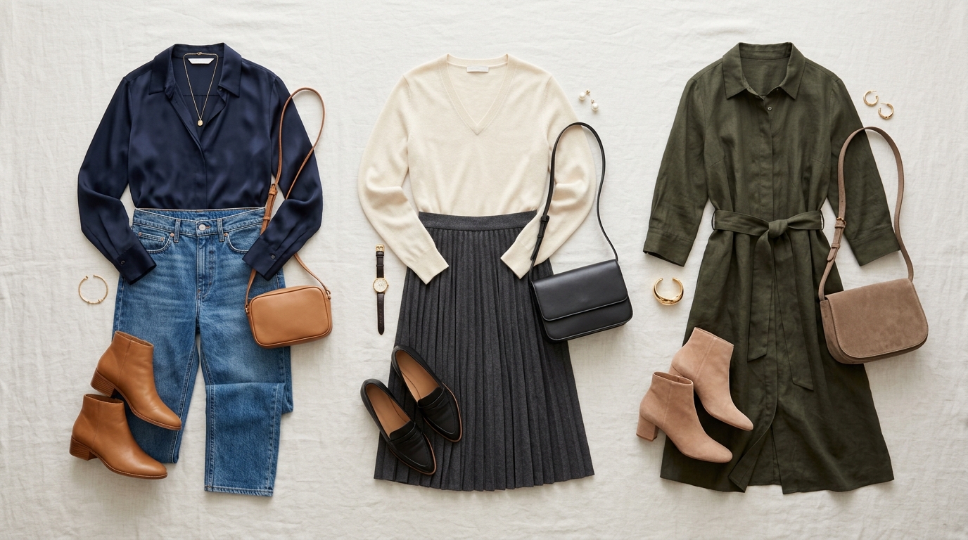 tres outfits planos sobre fondo claro mostrando opciones casuales elegantes para primera cita 40+