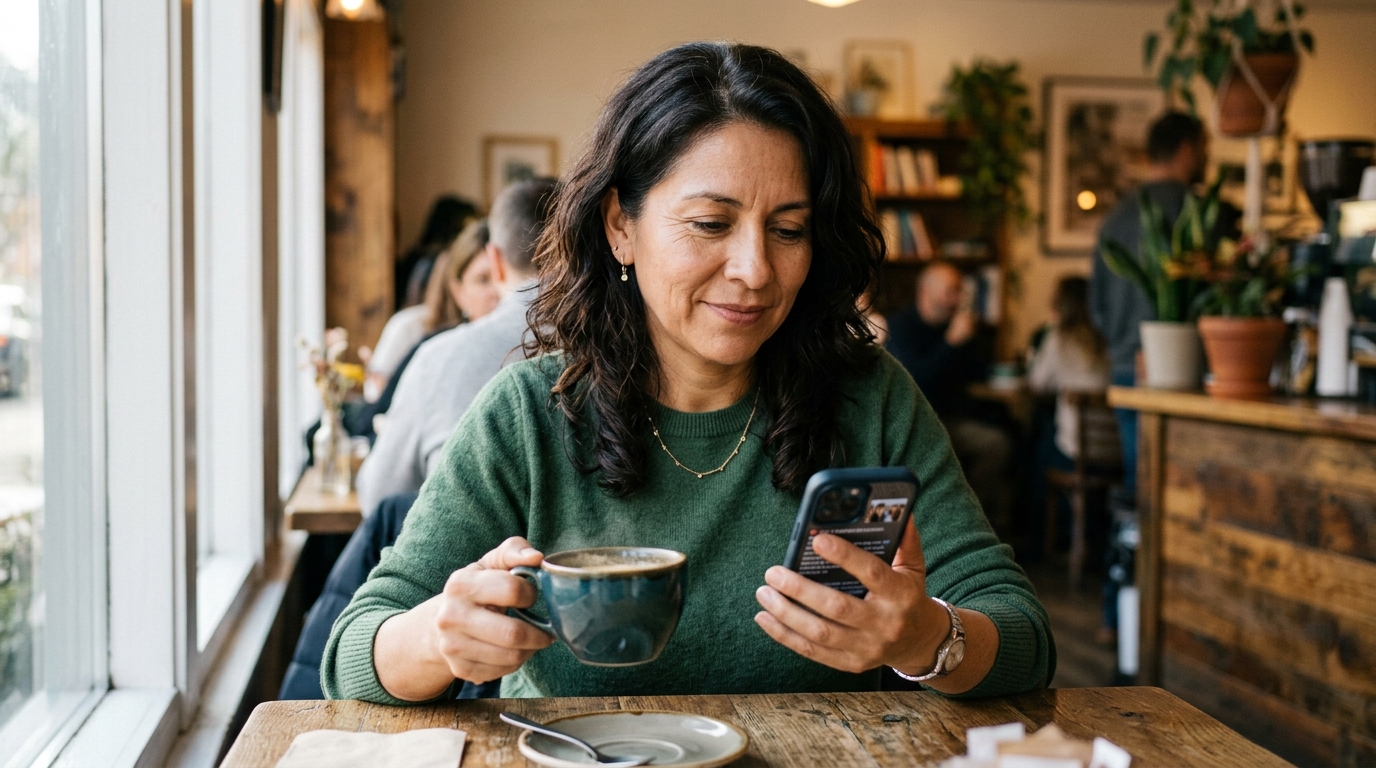 mujer 46 años con celular y taza de café, mirando la pantalla con expresión tranquila y curiosa
