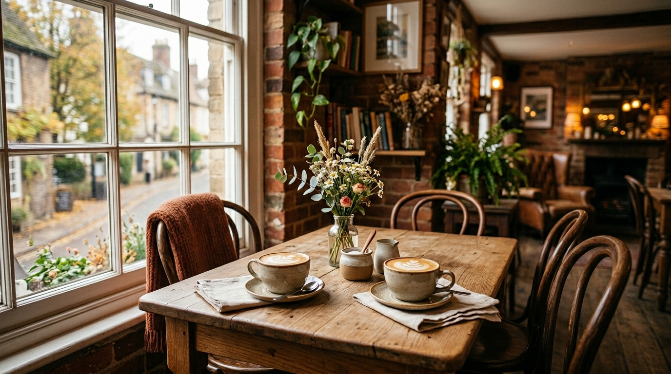 mesa de café para dos personas con dos tazas — ambiente cálido y relajado, sin personas
