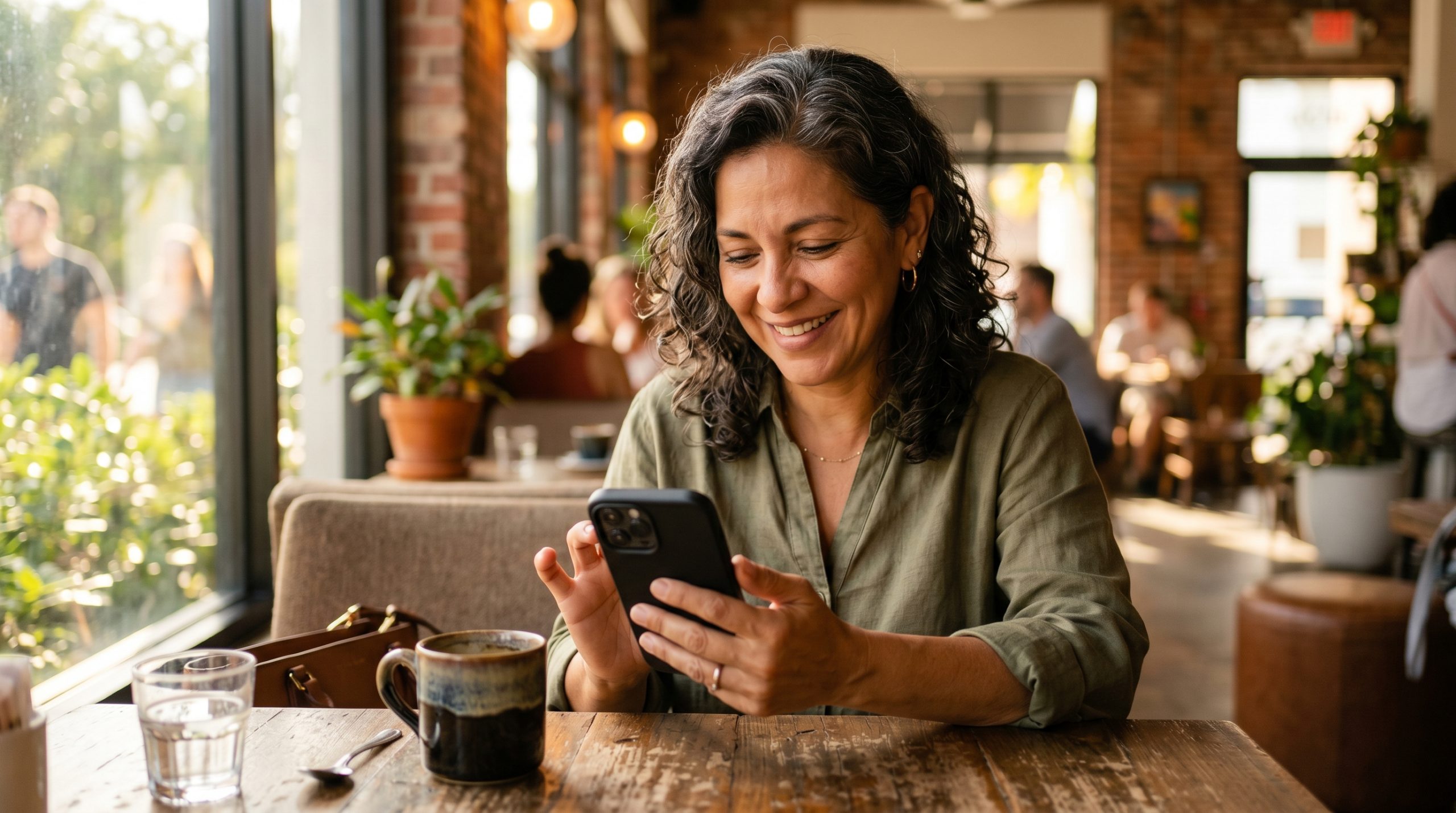 mujer de 47 años elegante con sonrisa natural mirando su teléfono en un café luminoso