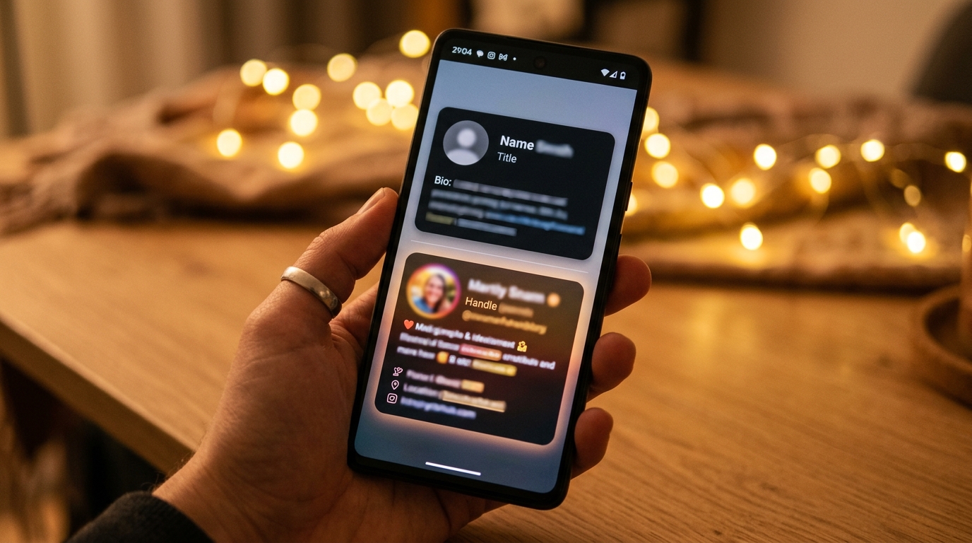 pantalla de celular mostrando dos bios de citas — una genérica y una específica con personalidad