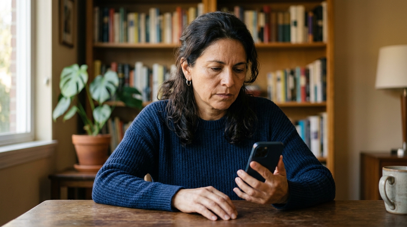 mujer 48 años mirando el celular con expresión analítica, en lugar bien iluminado, tono serio pero tranquilo