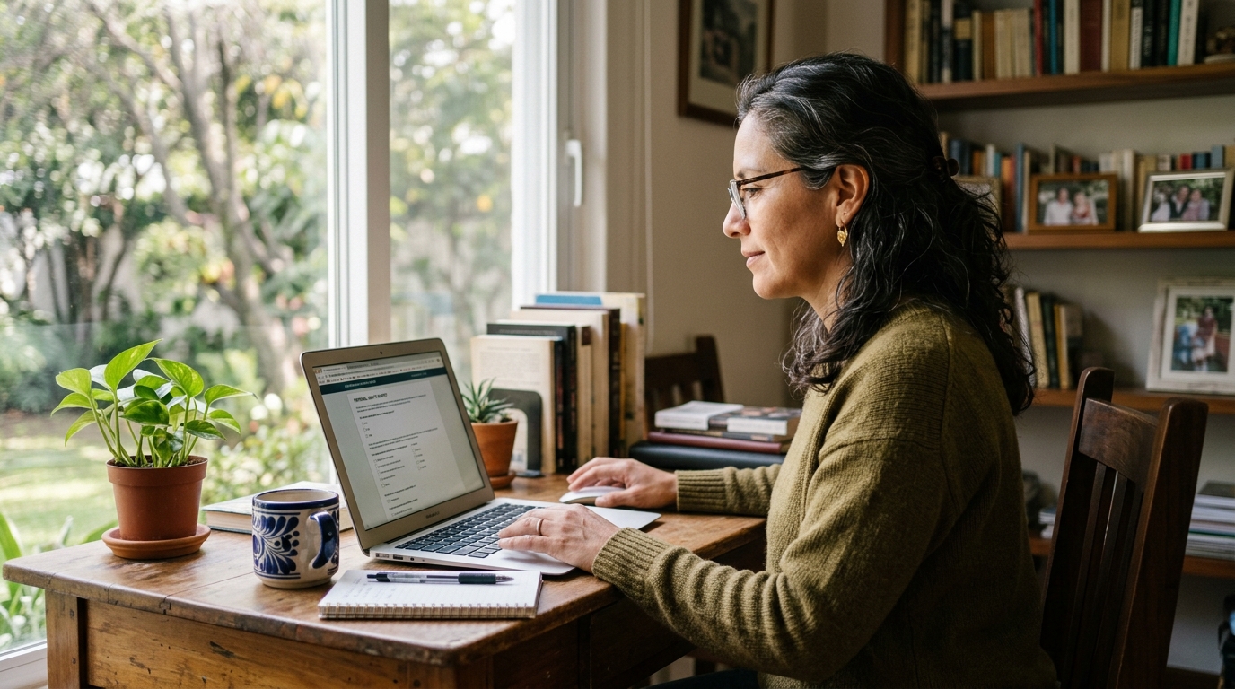 mujer 44+ seria y tranquila frente a una laptop respondiendo un cuestionario en casa con luz natural