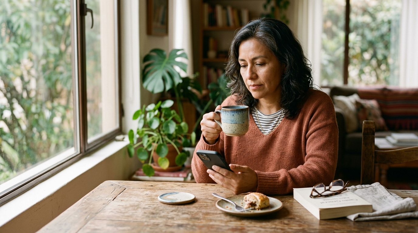 mujer 46+ con café en mano mirando pensativa su celular, mesa de madera con luz de mañana