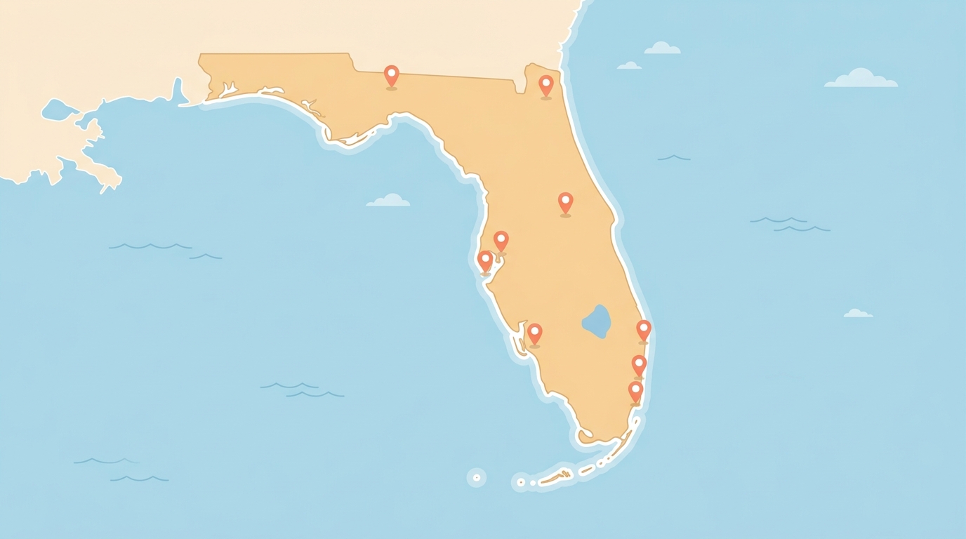 mapa simplificado de Florida con íconos de apps superpuestos en ciudades principales, estilo ilustración
