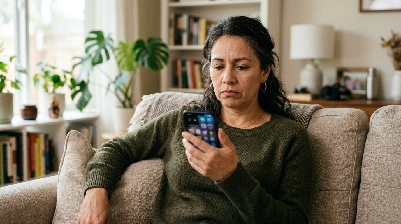mujer 43 años mirando el celular con expresión de frustración suave, en sofá iluminado