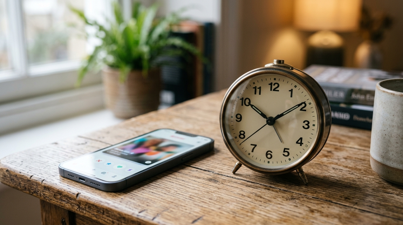 reloj y celular sobre mesa — imagen visual de tiempo y apps de citas