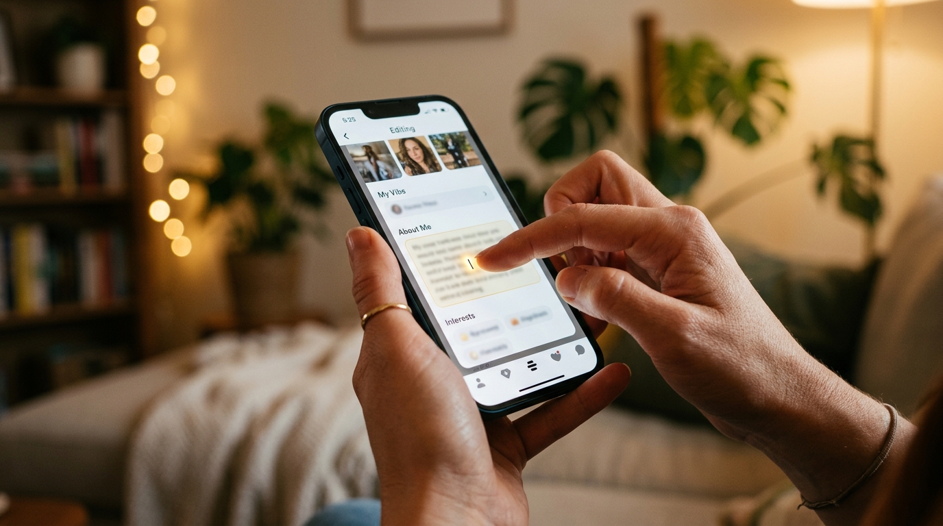 celular mostrando un perfil de citas con bio abierta siendo revisada y editada