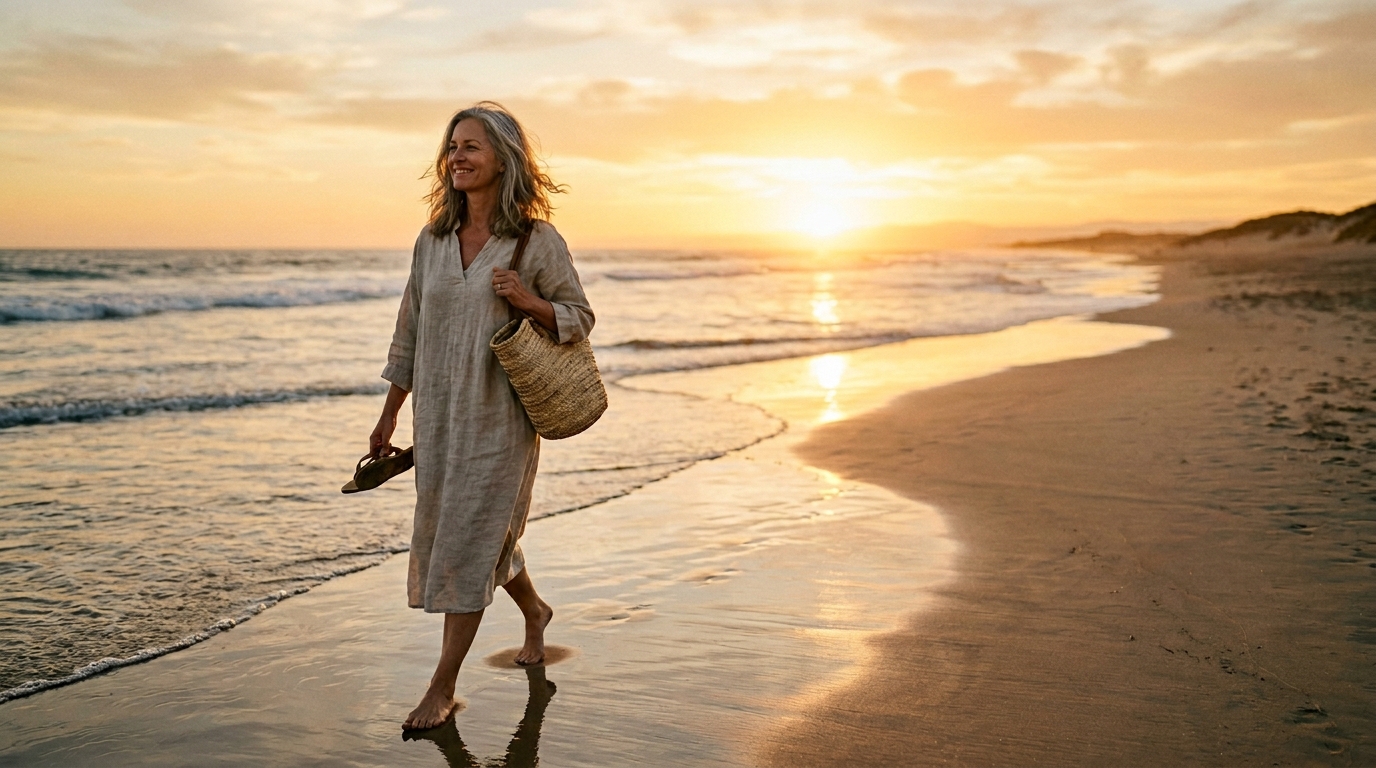 mujer atractiva de 45+ caminando sola y tranquila por la playa al atardecer, paso sereno, luz dorada