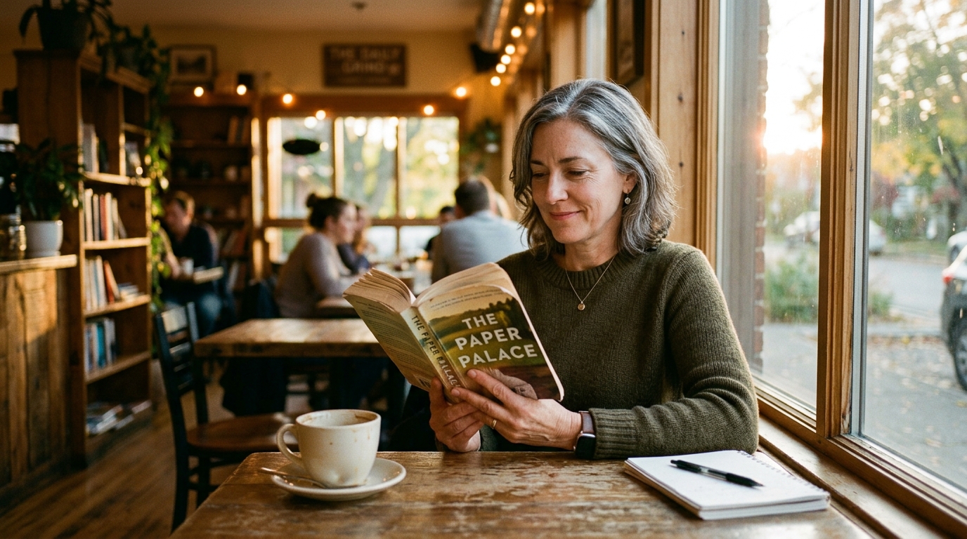 mujer 45+ leyendo sola y contenta en un café acogedor, expresión de calma, sin compañía