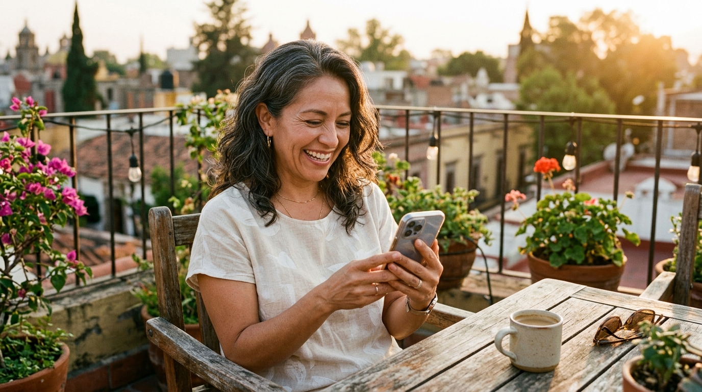 mujer 44 años sonriendo con celular, en terraza, ropa casual clara, luz de tarde