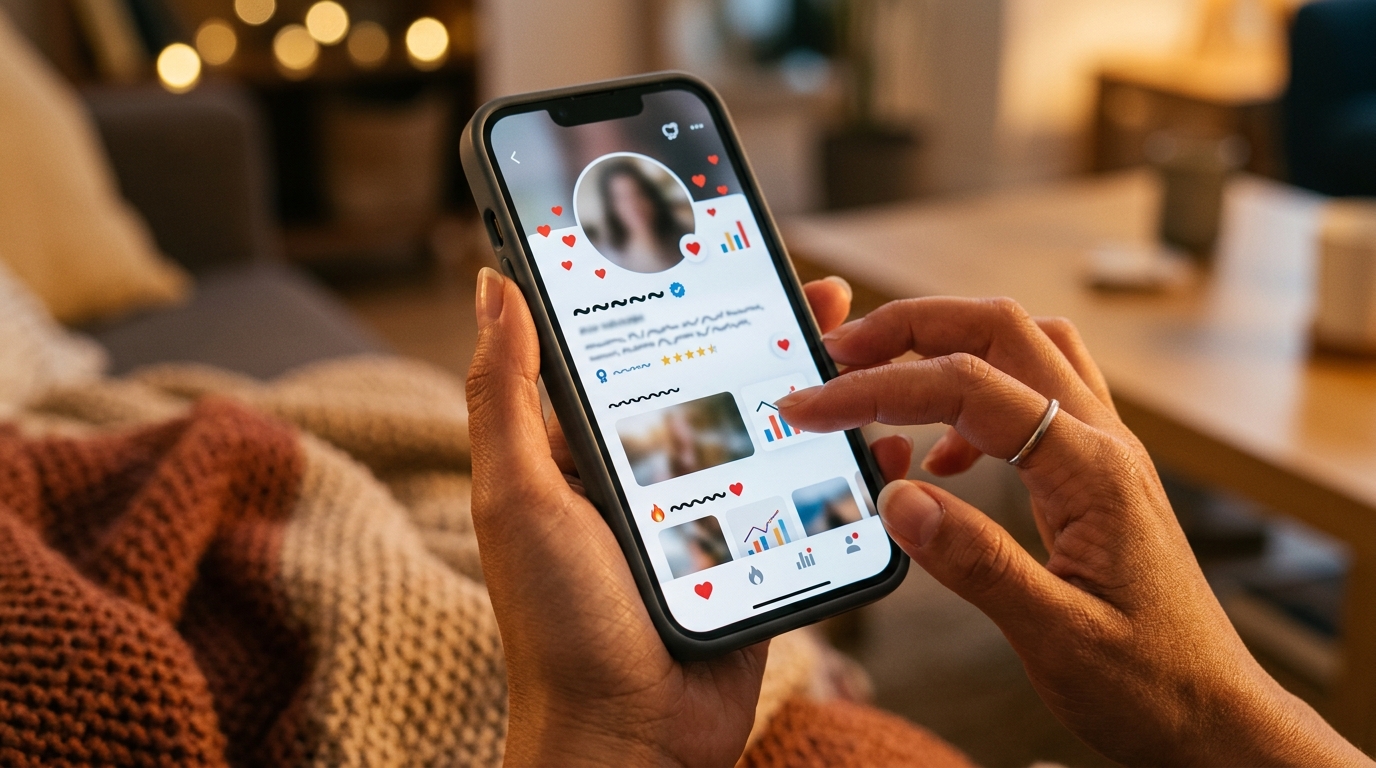celular mostrando perfil optimizado de citas con estadísticas de likes y matches