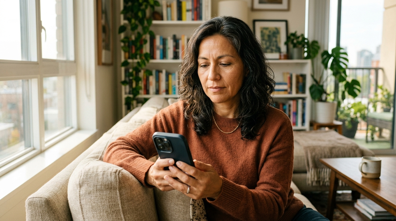 mujer 48+ con celular en mano revisando app de citas en su sala con luz cálida