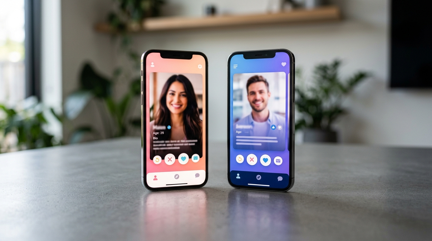 pantalla dividida mostrando interfaz de Tinder a la izquierda y Meetic a la derecha, estilo comparación visual