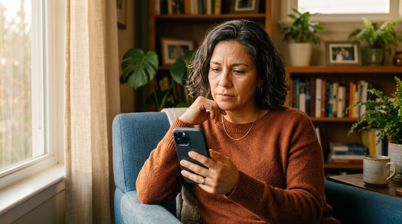 mujer latina 47+ mirando su celular con expresión tranquila y evaluativa, fondo apartamento moderno