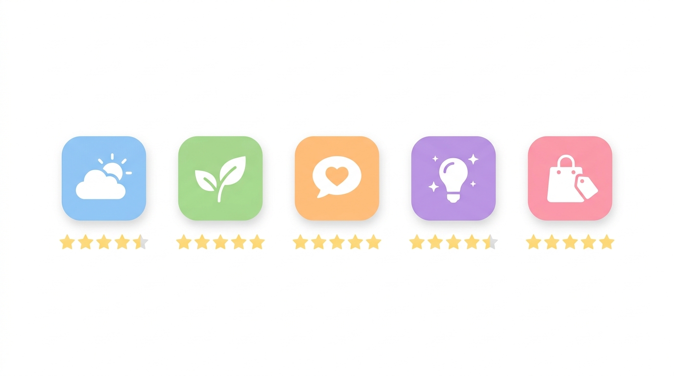 pantalla mostrando logos de las 5 apps sobre fondo blanco limpio con rating visual de 1 a 5 estrellas
