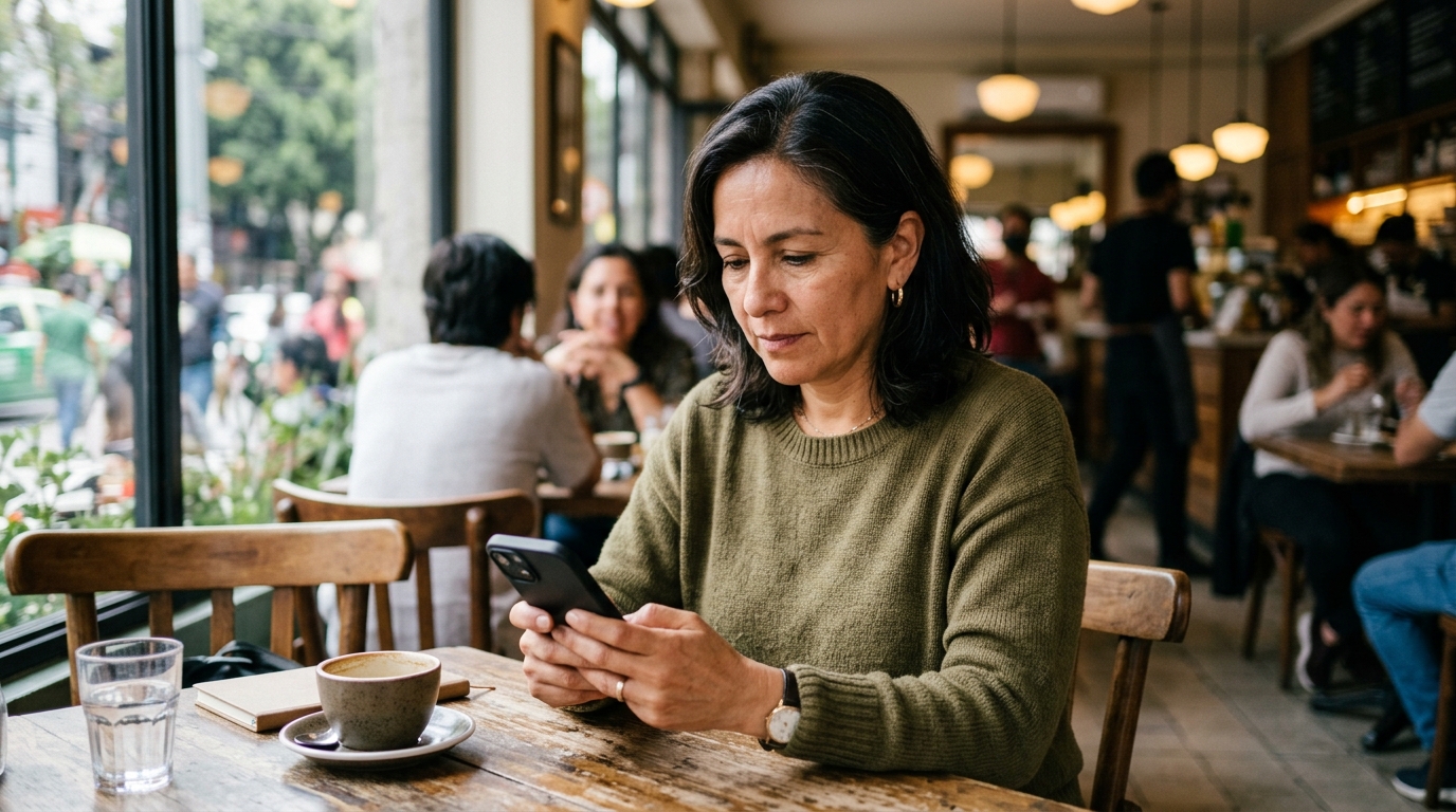 mujer de 46 años escribiendo en su teléfono con expresión concentrada y tranquila, mesa de café de fondo