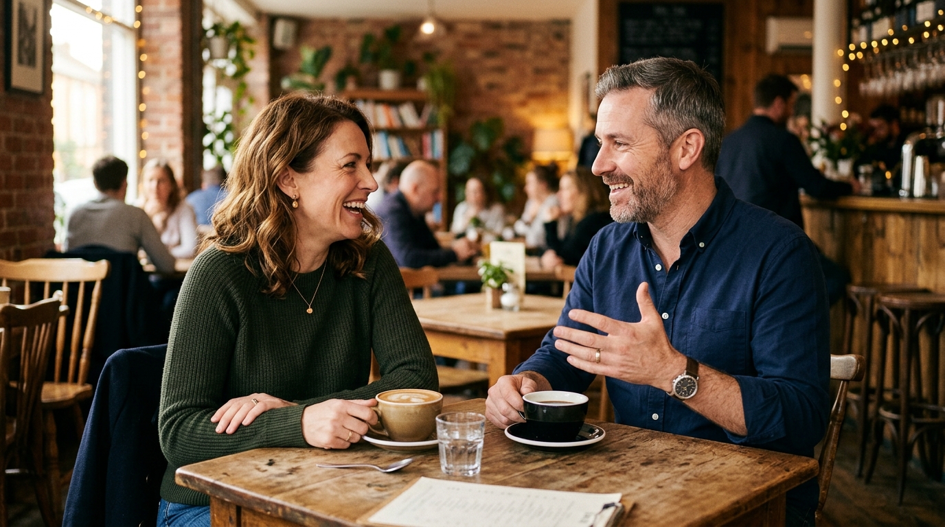 dos personas conversando en una cafetería con tazas de café frente a frente, lenguaje corporal abierto