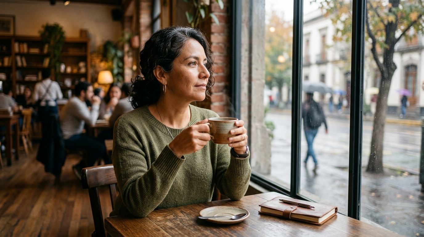 mujer 40+ sentada sola en un café con una taza de té, mirando por la ventana con expresión serena pero pensativa