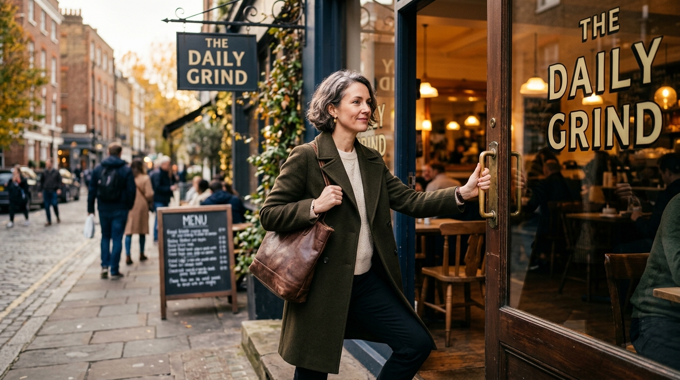 mujer entrando a un café con expresión de determinación suave, sonrisa discreta