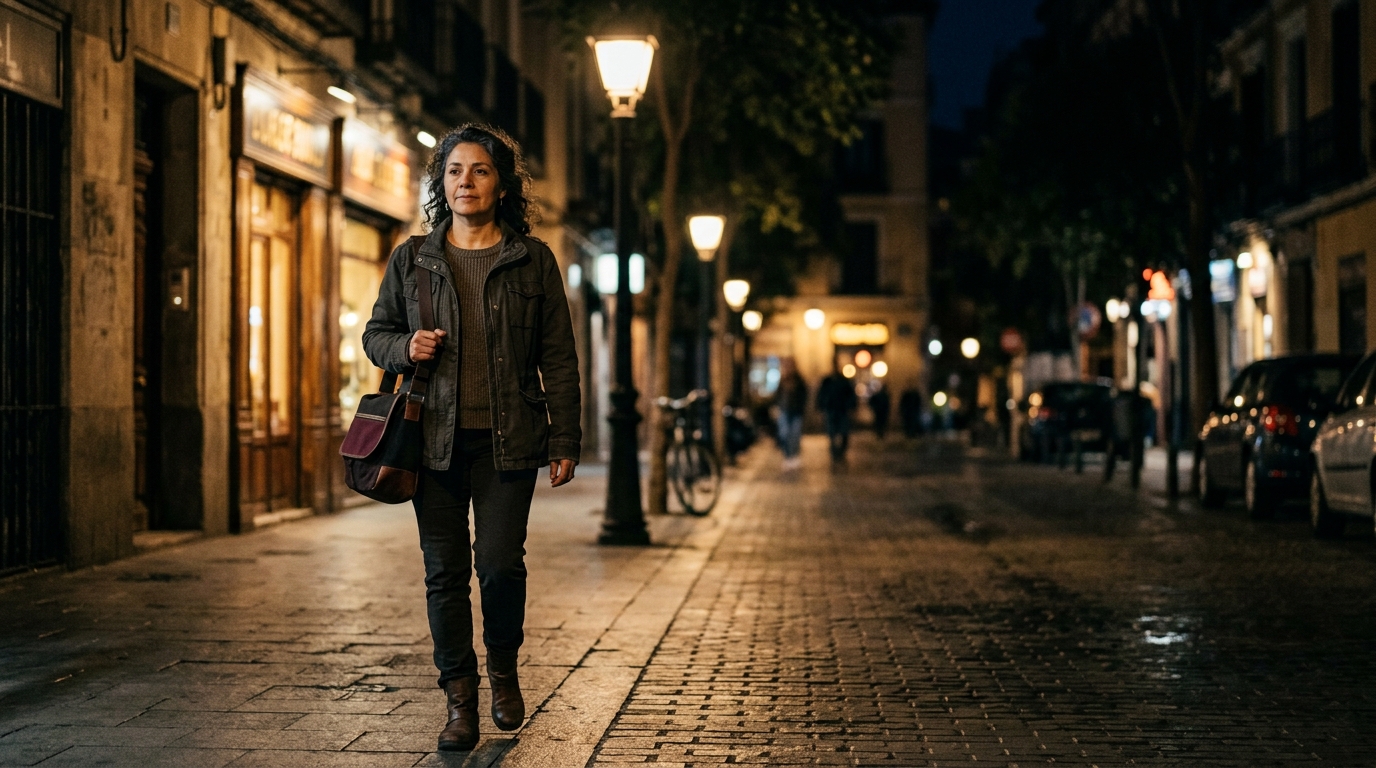 mujer 40+ caminando sola de noche en una calle iluminada con expresión neutra, bolso al hombro