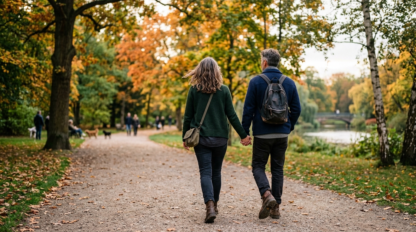 pareja madura 40+ caminando juntos de espaldas en un parque, aspecto relajado, sin poses