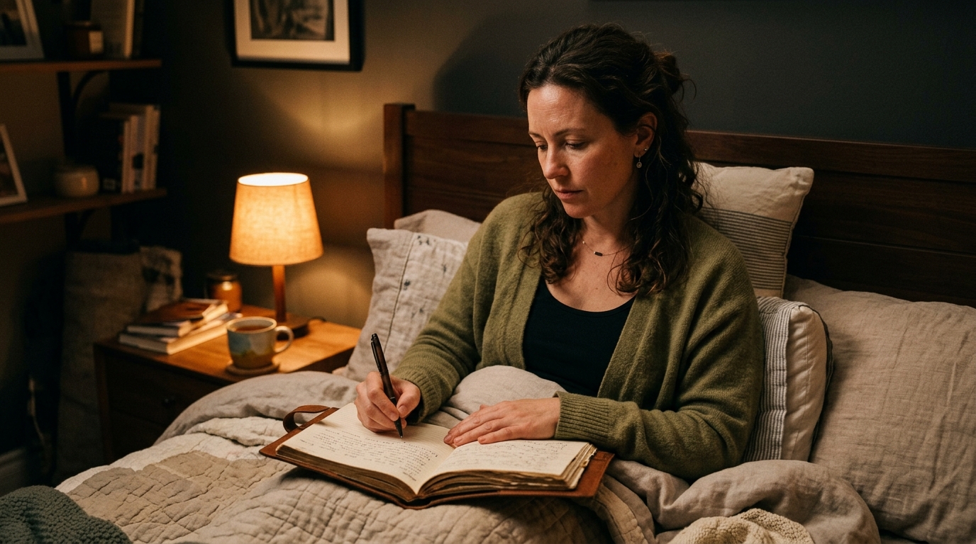 mujer adulta escribiendo en un diario en su cama, luz de lámpara, expresión concentrada — imagen de proceso interno, no de crisis