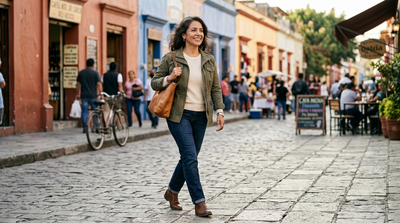 mujer 43+ caminando sola por una calle arbolada, paso firme, expresión serena — no triste, no eufórica, simplemente presente