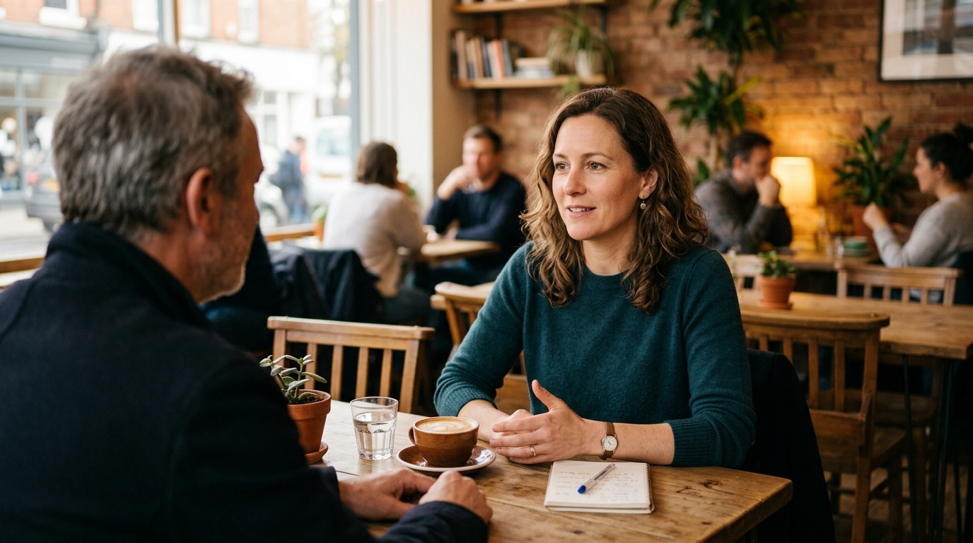 mujer adulta hablando con calma con alguien frente a frente en una mesa de café, postura abierta pero firme