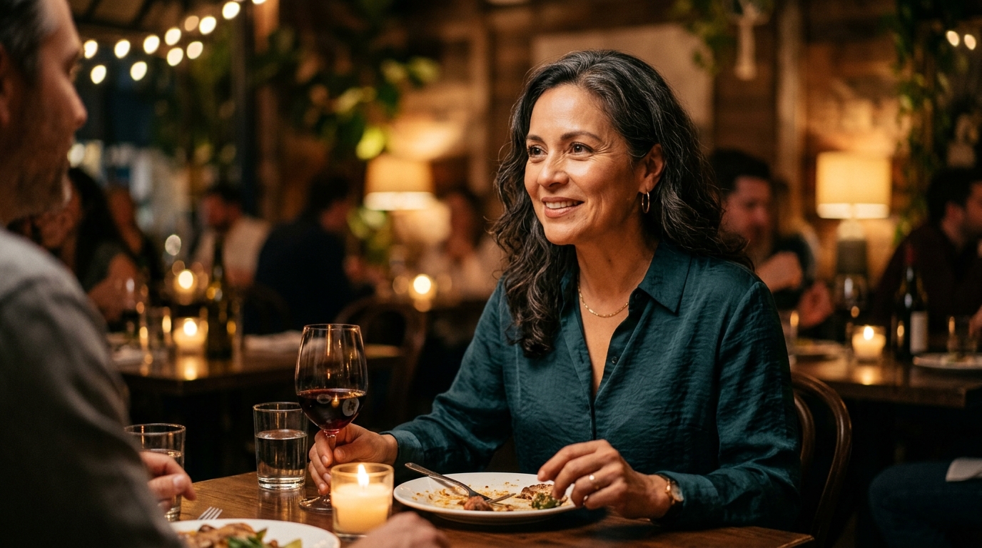 mujer 40+ en una cita en restaurante sonriendo ligeramente con mirada concentrada en su acompañante