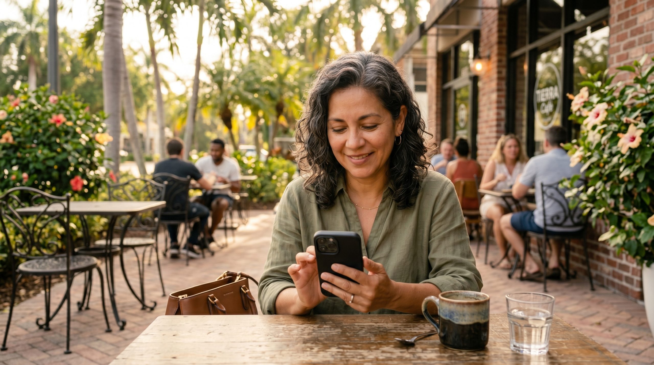 mujer 45+ sonriendo mirando su celular en un café con luz natural cálida