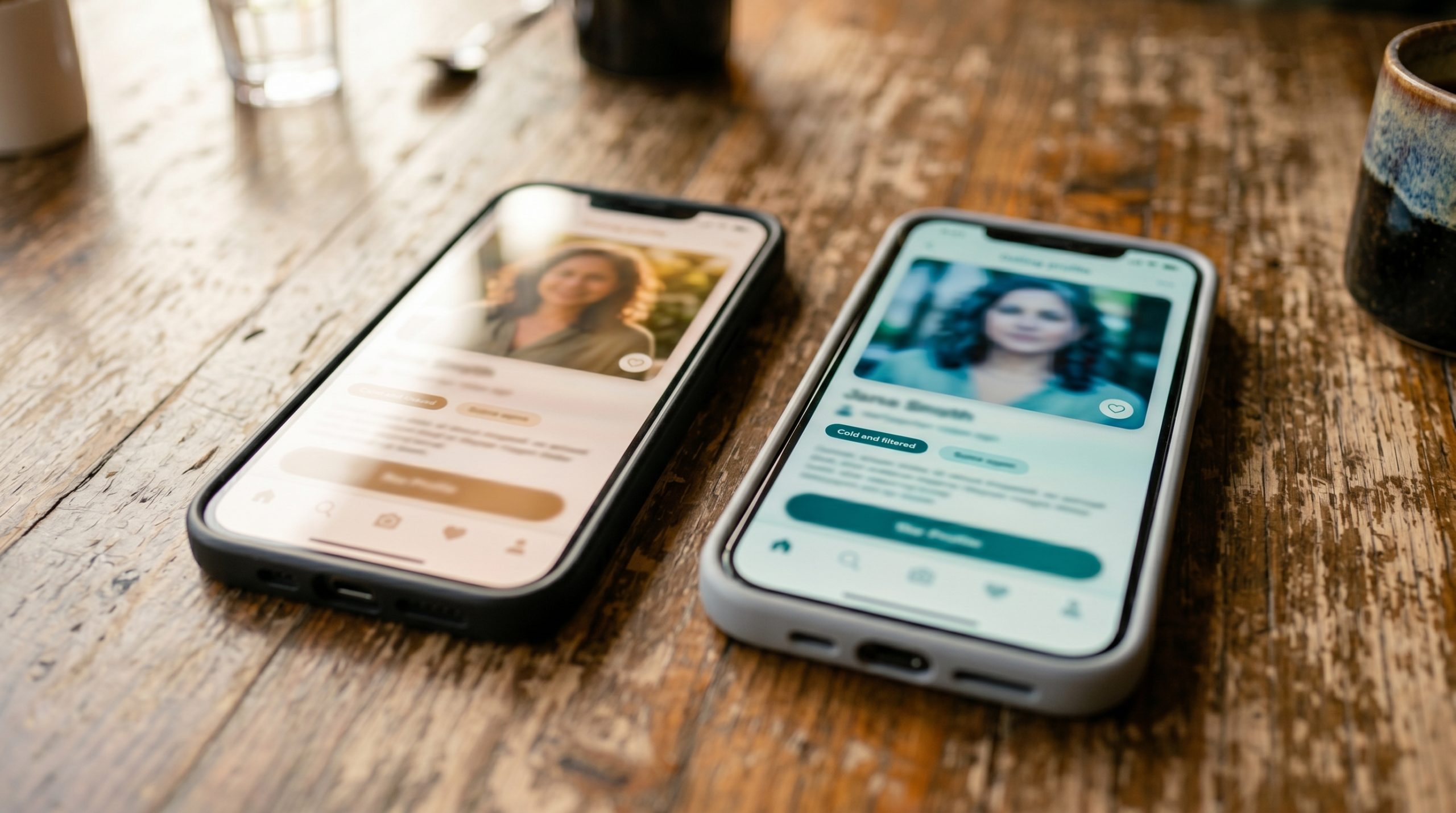 comparación visual de dos perfiles de citas — uno con foto de selfie con filtro vs uno con foto natural sonriente