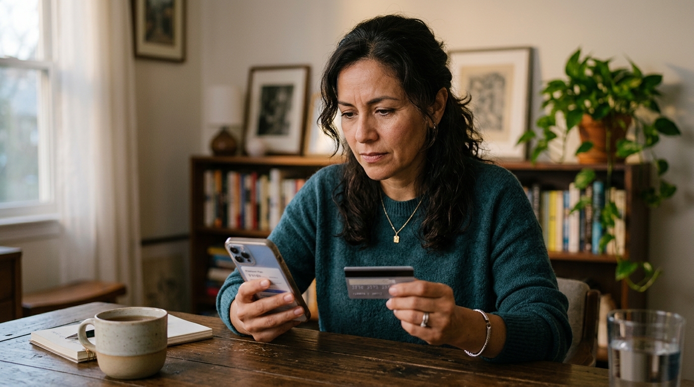 mujer 43+ con tarjeta de crédito en mano frente a pantalla de suscripción de app de citas, expresión evaluativa