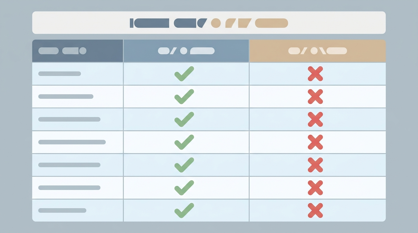 tabla comparativa de funciones gratis vs premium en apps de citas con checkmarks simples, estilo minimalista