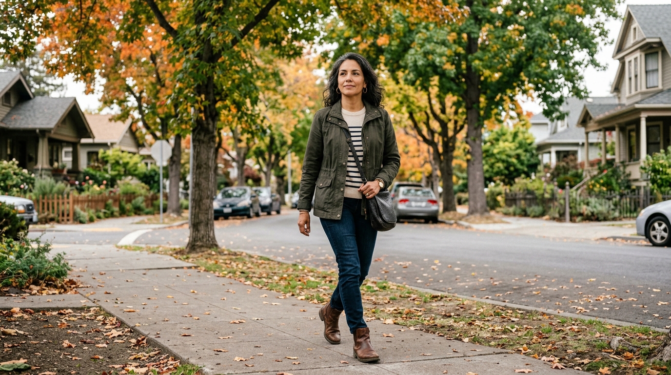 mujer 45+ bien vestida pero de forma casual, en una calle con luz natural, caminando con postura segura