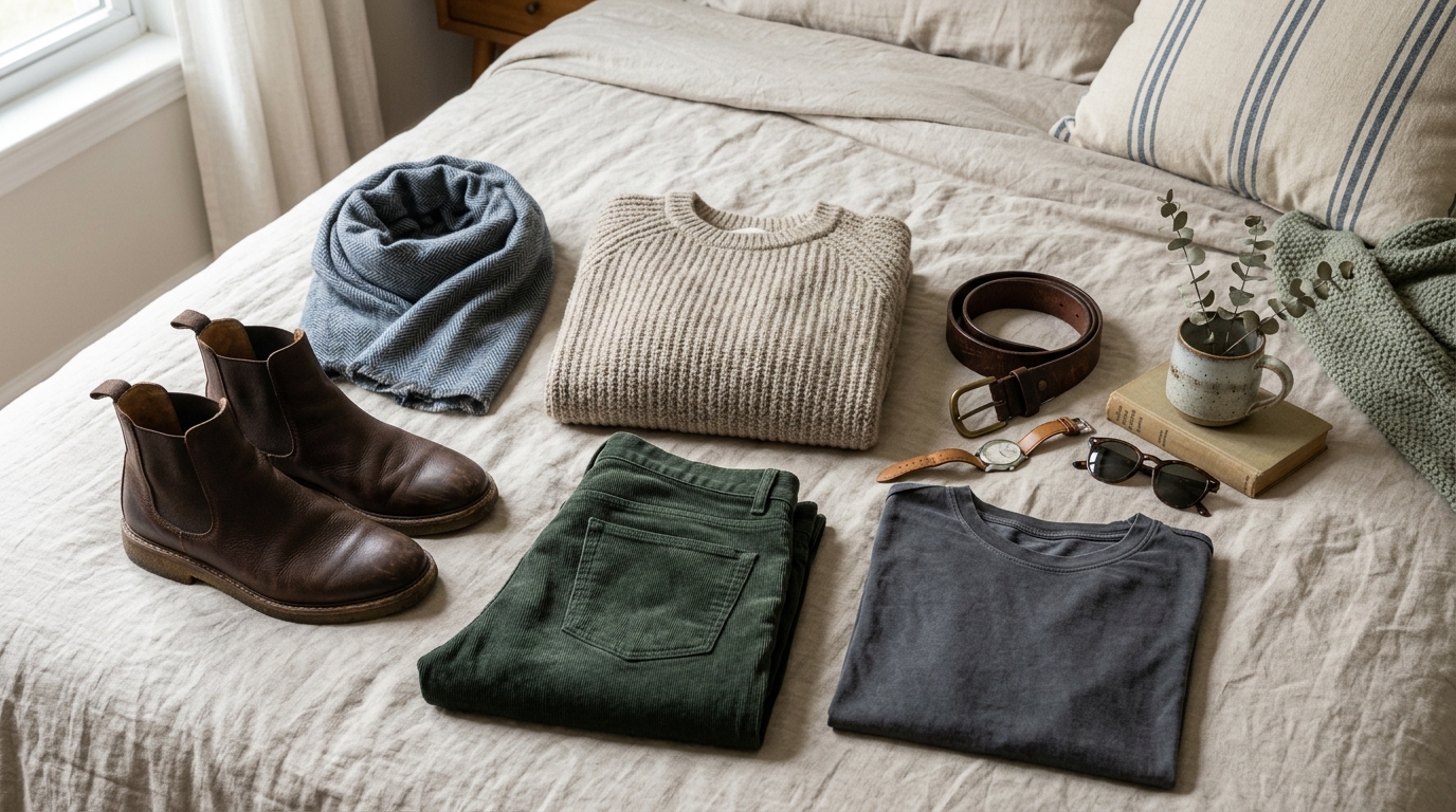 detalles de ropa bien coordinada sobre una cama — colores sobrios, texturas distintas, sin marcas visibles