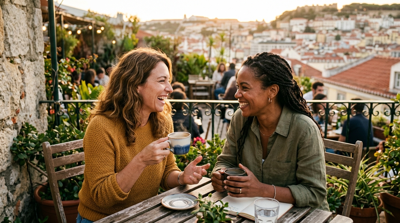 mujer adulta sentada con una amiga en una terraza, ambas con café, conversando — imagen de conexión genuina, no de crisis compartida