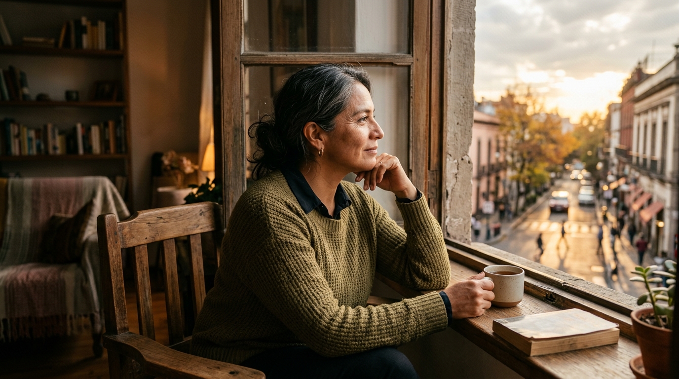 mujer 45+ sentada frente a una ventana con luz de tarde, mirando afuera con expresión pensativa pero tranquila