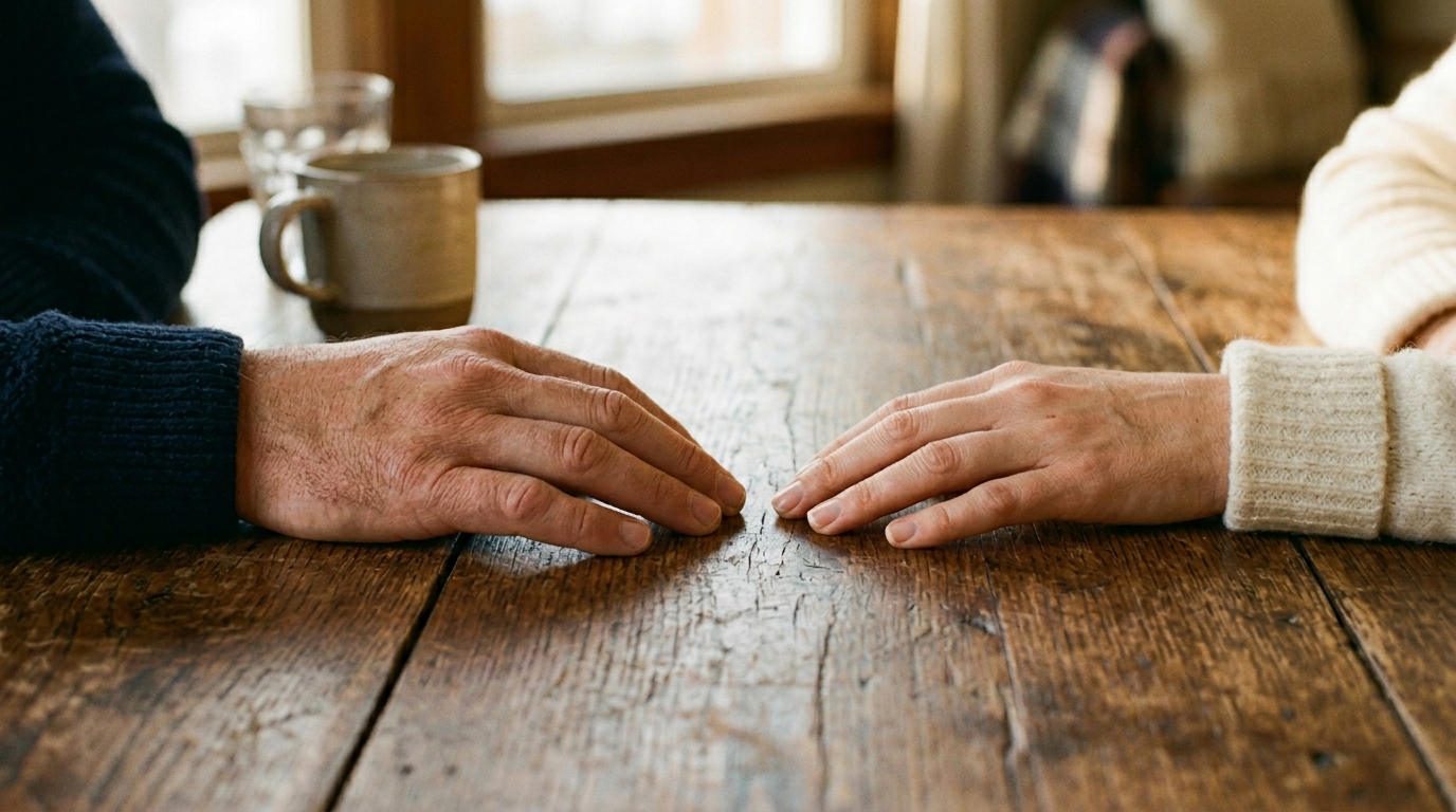 dos manos de adultos apoyadas cerca sobre una mesa de madera, sin tocarse todavía — imagen de posibilidad, no de certeza